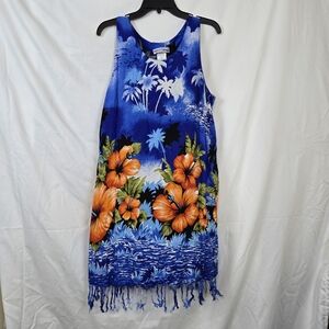 Beach Cabana Womens Blue Orange Hawaiian Floral Sleeveless Beach Dress Large Vtg
